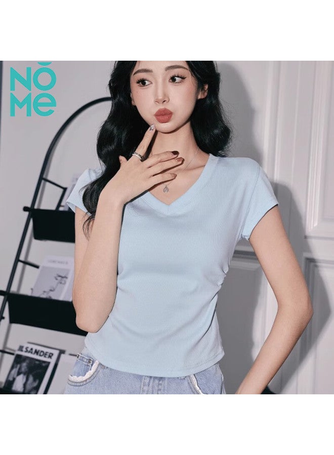 Nome Women's V-neck Short Sleeve T-shirt Summer New Pleated Waist Slim Half Sleeve White 2XL - Image 2