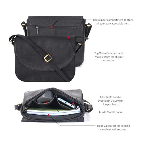 Ozora Vintage Genuine Leather Shoulder Crossbody Purse For Women with Adjustable Strap, Mobile Pocket & Inside Zipper (Black Hunter) - Image 4