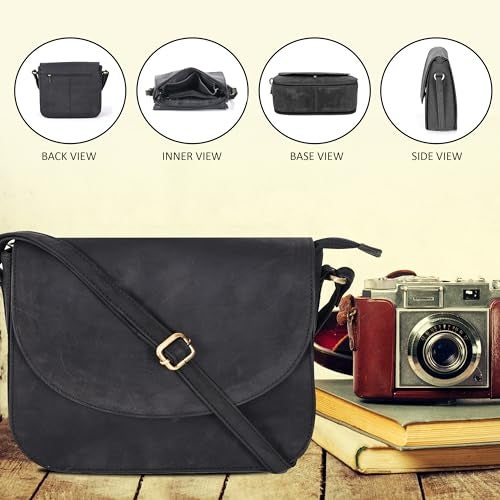 Ozora Vintage Genuine Leather Shoulder Crossbody Purse For Women with Adjustable Strap, Mobile Pocket & Inside Zipper (Black Hunter) - Image 5