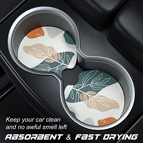 Aiawoxc Car Cup Holder Coasters, 2 Pack Universal Auto Anti Slip Insert Coaster with A Finger Notch, Cute Car Assecories for Women Men, Cup Mat for Most Interior, Abstract Boho Leaves - Image 2