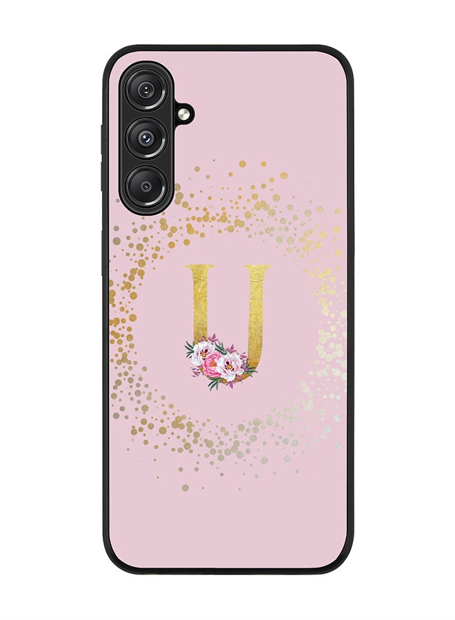Stylizedd Rugged Black Edge case for Samsung Galaxy M34 5G, Slim fit Thin Phone Case Cover- Custom Monogram Initial Letter Floral Pattern Alphabet - U (Pink) - Image 1