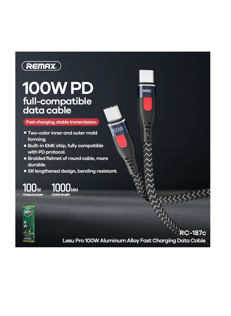ريماكس كابل شحن وبيانات سريع من ريماكس Rc-187C C-C Lesu Pro مصنوع من سبائك الألومنيوم بقوة 100 وات - أسود - Image 2