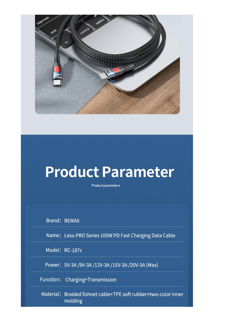 ريماكس كابل شحن وبيانات سريع من ريماكس Rc-187C C-C Lesu Pro مصنوع من سبائك الألومنيوم بقوة 100 وات - أسود - Image 3