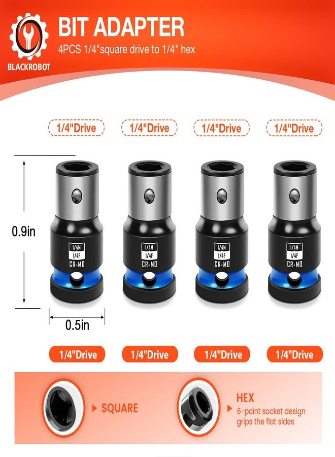 BLACKROBOT 4PCS Impact Bit Holders 1/4 Square Drive to 1/4 Hex Bit Socket Adapter, Impact Wrench Ratchet Use, Cr-Mo Steel - Image 2