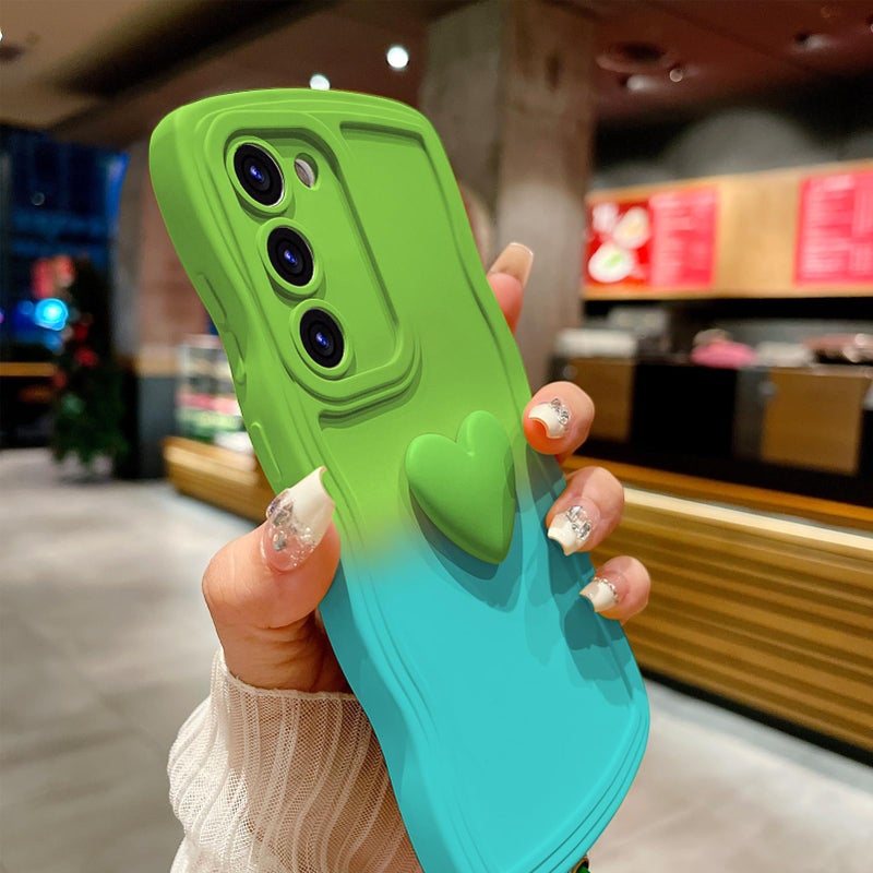 Galaxy S23 Plus Case: Green Soft Silicone, Shockproof Drop-protective - Stylish Gradient Wavy Heart, Secure Wrist Strap Protective Case for Active Users, Daily Use - Image 3