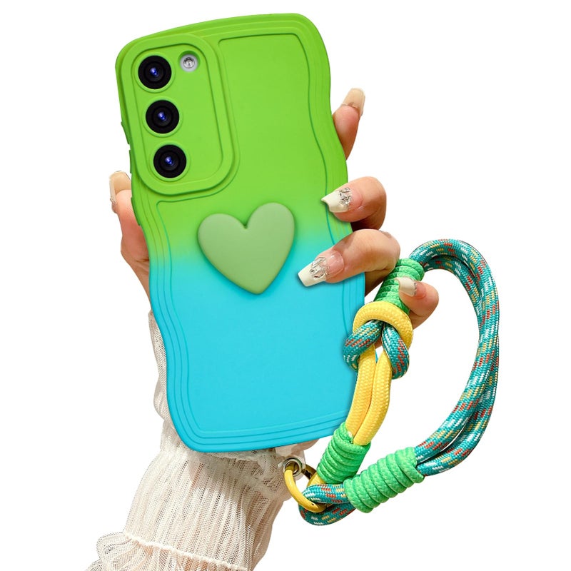 Galaxy S23 Plus Case: Green Soft Silicone, Shockproof Drop-protective - Stylish Gradient Wavy Heart, Secure Wrist Strap Protective Case for Active Users, Daily Use - Image 1
