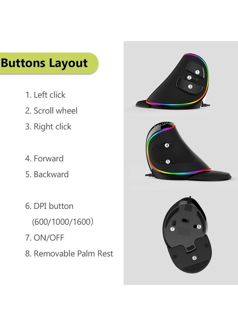 DELUX - DELUX Ergonomic Mouse, Wired Large RGB Vertical Mouse with 6 Buttons, Removable Wrist Rest, 4000DPI and On-Board Software Reduce Hand Strain, for Carpal Tunnel(M618Plus RGB-Black) - Image 1