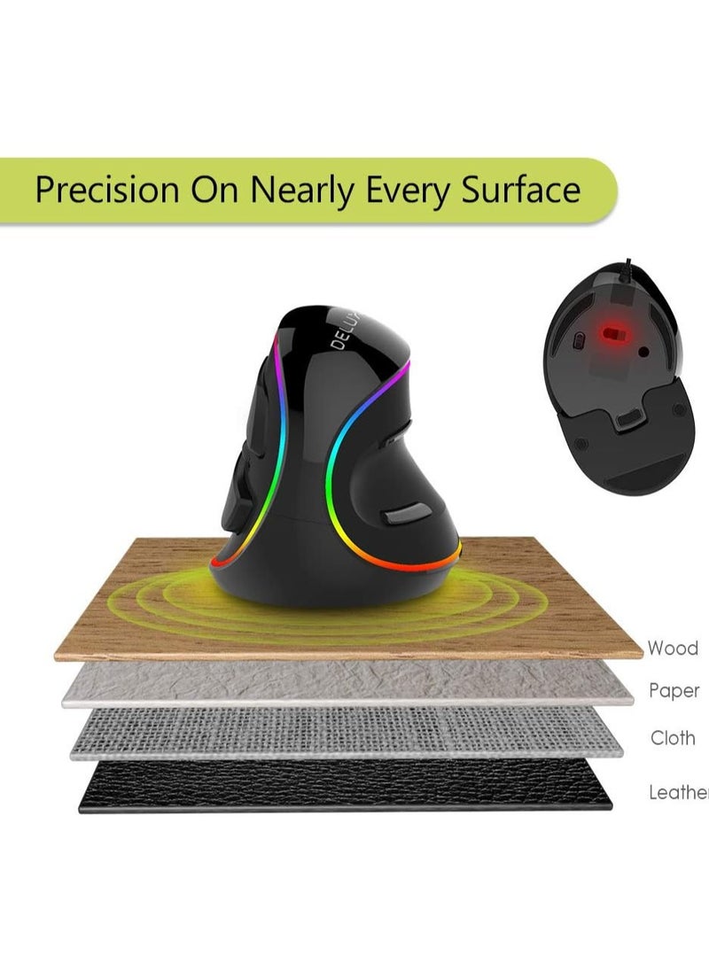 DELUX - DELUX Ergonomic Mouse, Wired Large RGB Vertical Mouse with 6 Buttons, Removable Wrist Rest, 4000DPI and On-Board Software Reduce Hand Strain, for Carpal Tunnel(M618Plus RGB-Black) - Image 1
