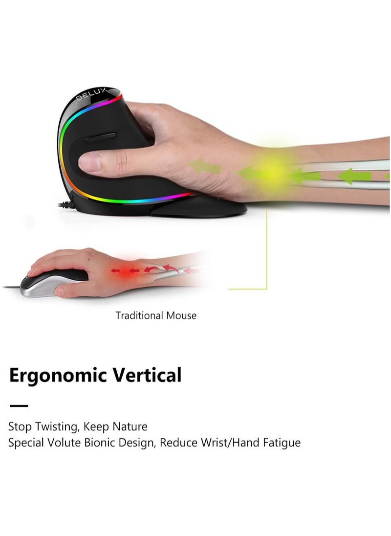 DELUX - DELUX Ergonomic Mouse, Wired Large RGB Vertical Mouse with 6 Buttons, Removable Wrist Rest, 4000DPI and On-Board Software Reduce Hand Strain, for Carpal Tunnel(M618Plus RGB-Black) - Image 1