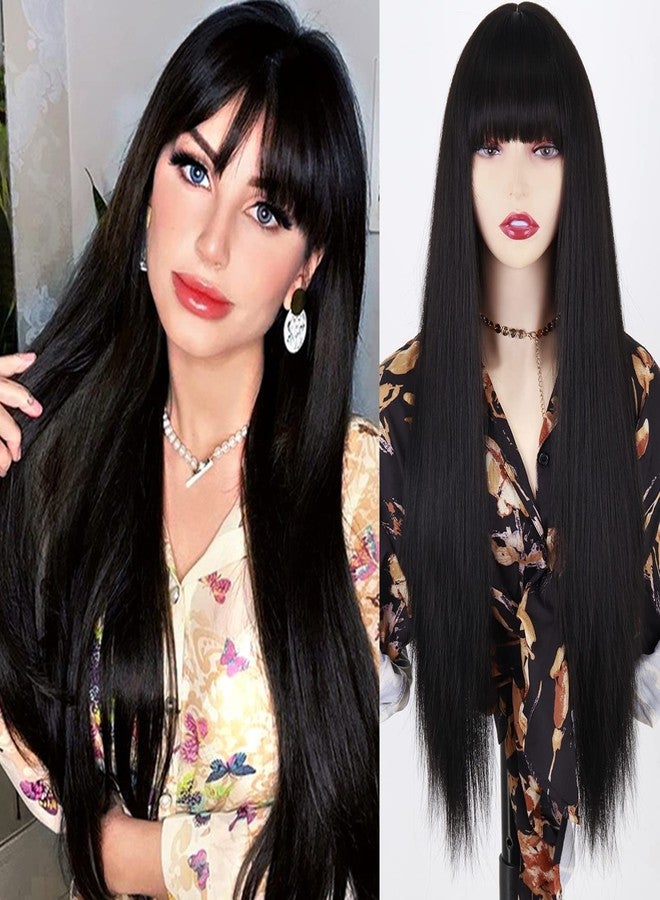 ميس كوين باروكة شعر أسود طويل من MISSQUEEN مع غرة، باروكة شعر أسود مستقيم للنساء، باروكة شعر صناعي أسود مستقيم بطول 30 بوصة مع غرة للاستخدام اليومي - Image 1
