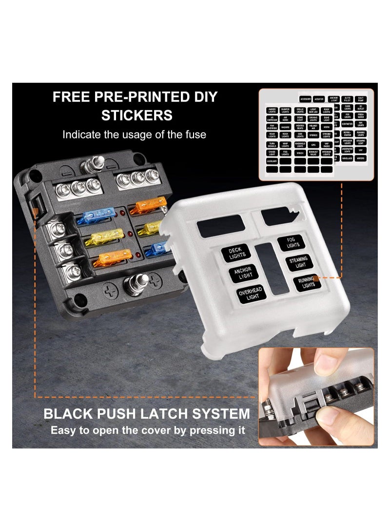 Blade Fuse Block, 12V Waterproof Fuse Box Holder, 6 Circuit Negative Bus Fuse Box with LED Indicator for Automotive Car Truck Boat Marine RV Van - Image 3