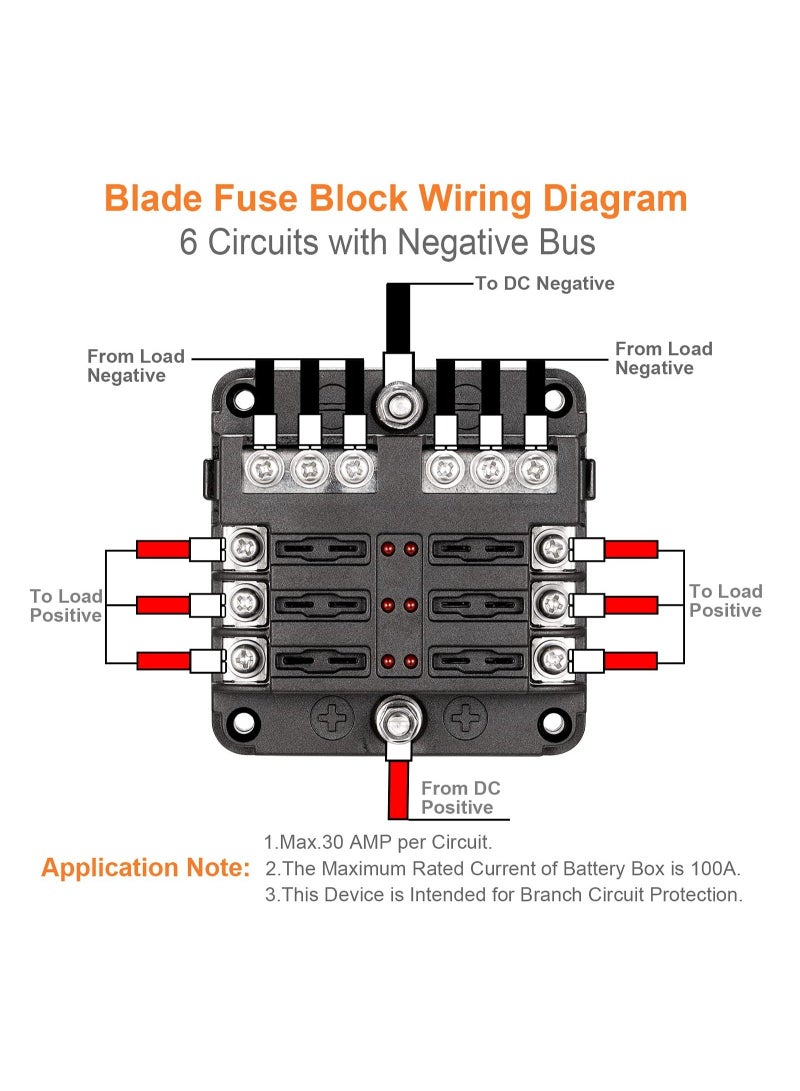Blade Fuse Block, 12V Waterproof Fuse Box Holder, 6 Circuit Negative Bus Fuse Box with LED Indicator for Automotive Car Truck Boat Marine RV Van - Image 2