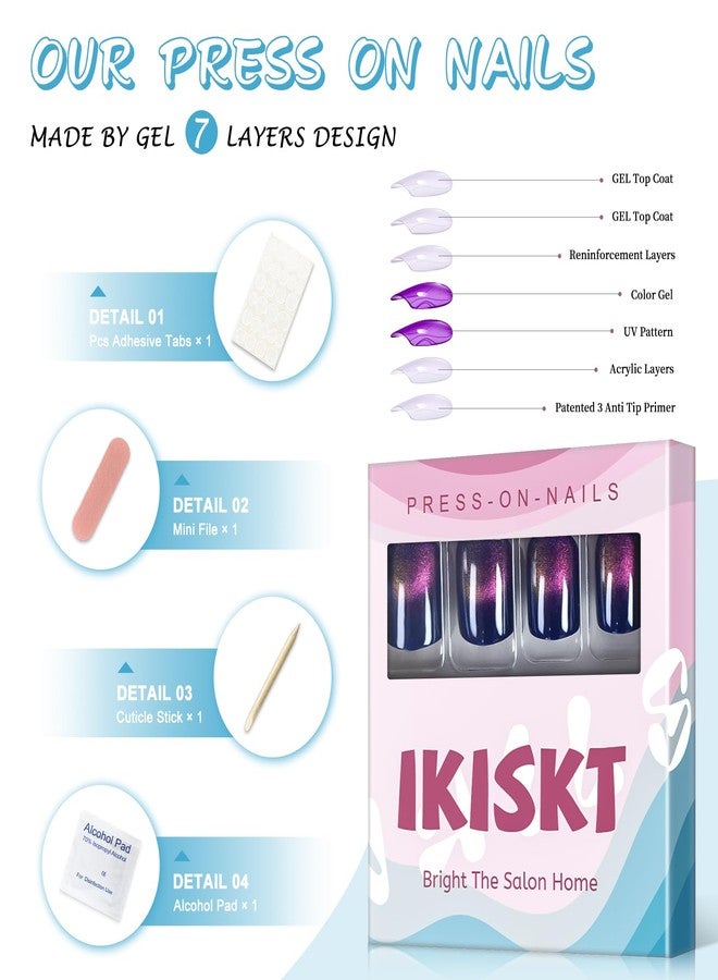 IKISKT Press On Nails - Glitter Blue Cat Eye Tips | Polish Purple Pink Rainbow Color Solid l UV Short Square Shape False Fake Nails, Reusable Glue | 10-12 Sizes - 24 Nail Kit - Image 3