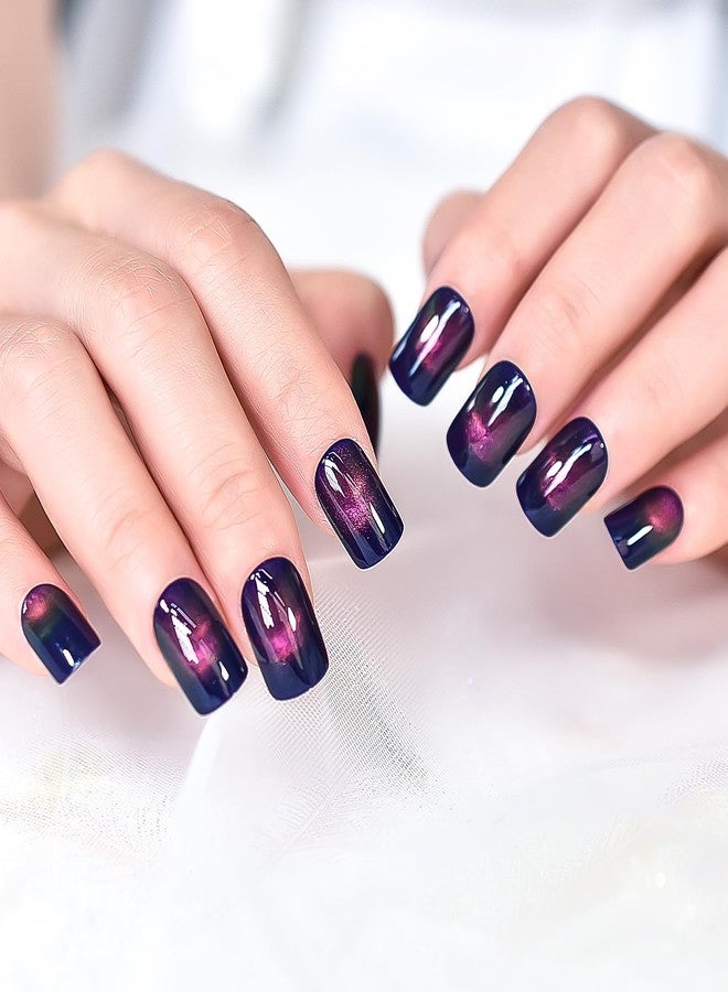 IKISKT Press On Nails - Glitter Blue Cat Eye Tips | Polish Purple Pink Rainbow Color Solid l UV Short Square Shape False Fake Nails, Reusable Glue | 10-12 Sizes - 24 Nail Kit - Image 1