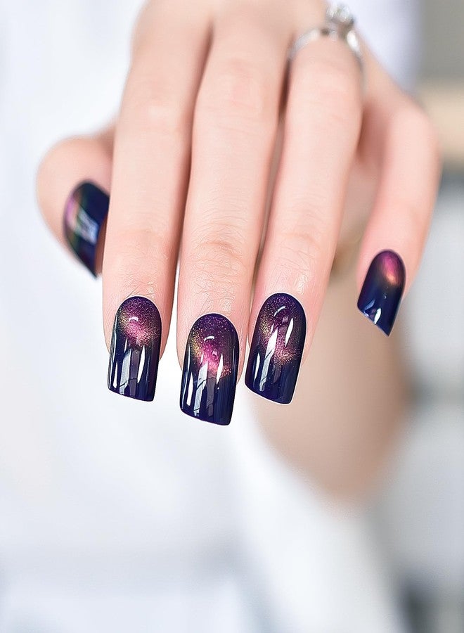 IKISKT Press On Nails - Glitter Blue Cat Eye Tips | Polish Purple Pink Rainbow Color Solid l UV Short Square Shape False Fake Nails, Reusable Glue | 10-12 Sizes - 24 Nail Kit - Image 4