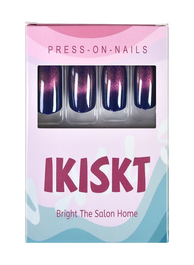 IKISKT Press On Nails - Glitter Blue Cat Eye Tips | Polish Purple Pink Rainbow Color Solid l UV Short Square Shape False Fake Nails, Reusable Glue | 10-12 Sizes - 24 Nail Kit - Image 2