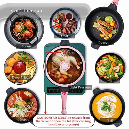 TIBORANG 8 in 1 Multipurpose 11 Inch 5 Quart Heat Indicator Nonstick Deep Frying Pan with Glass Lid, Stay-cool Handle, Steamed Grid, PFOA-Free,Dishwasher and Oven Safe,Works with All Stovetops (Pink) - Image 2