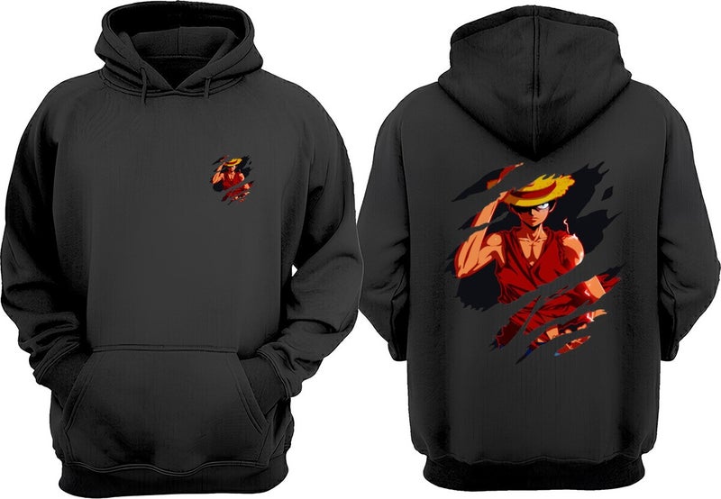 The Wert Unisex Anime Luffy Straw Hat One Piece Cut Design Front Back Printed Regular Fit Black Sweatshirt - Image 1