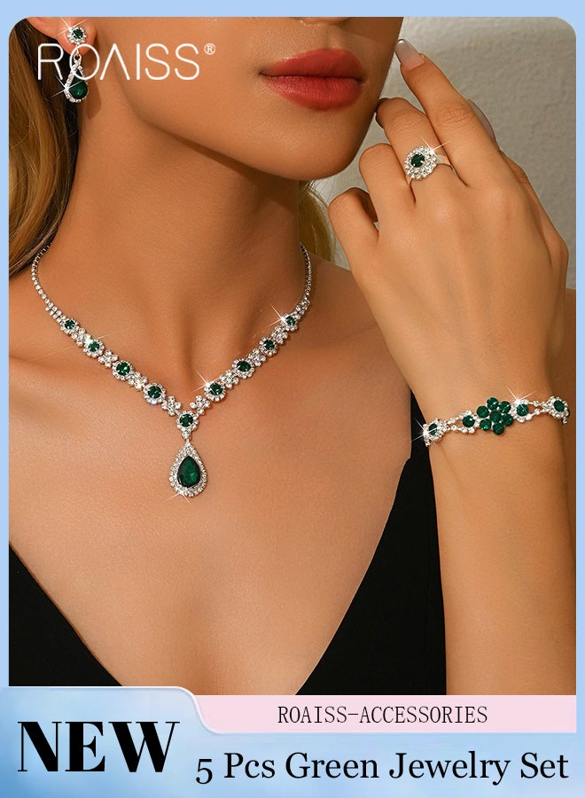 رويس مجموعة مجوهرات خضراء مكونة من 5 قطع، قلادة فاخرة من أحجار الراين، أقراط، سوار وخواتم، إكسسوارات مجوهرات حفلات الزفاف، مناسبة كهدايا للنساء - Image 1