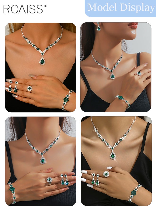 رويس مجموعة مجوهرات خضراء مكونة من 5 قطع، قلادة فاخرة من أحجار الراين، أقراط، سوار وخواتم، إكسسوارات مجوهرات حفلات الزفاف، مناسبة كهدايا للنساء - Image 5