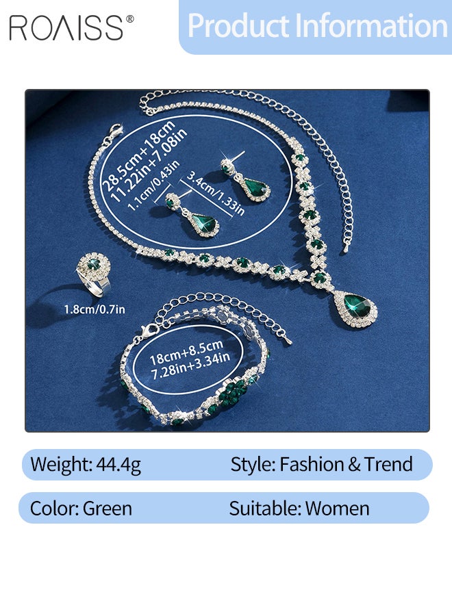رويس مجموعة مجوهرات خضراء مكونة من 5 قطع، قلادة فاخرة من أحجار الراين، أقراط، سوار وخواتم، إكسسوارات مجوهرات حفلات الزفاف، مناسبة كهدايا للنساء - Image 2
