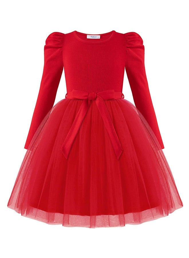 آرشنر فستان توتو أحمر بأكمام طويلة من أرشينر للبنات الصغيرات، مناسب لحفلات الخريف والشتاء والمناسبات الخاصة، مصنوع من التول، مقاس 4-5 سنوات. - Image 1