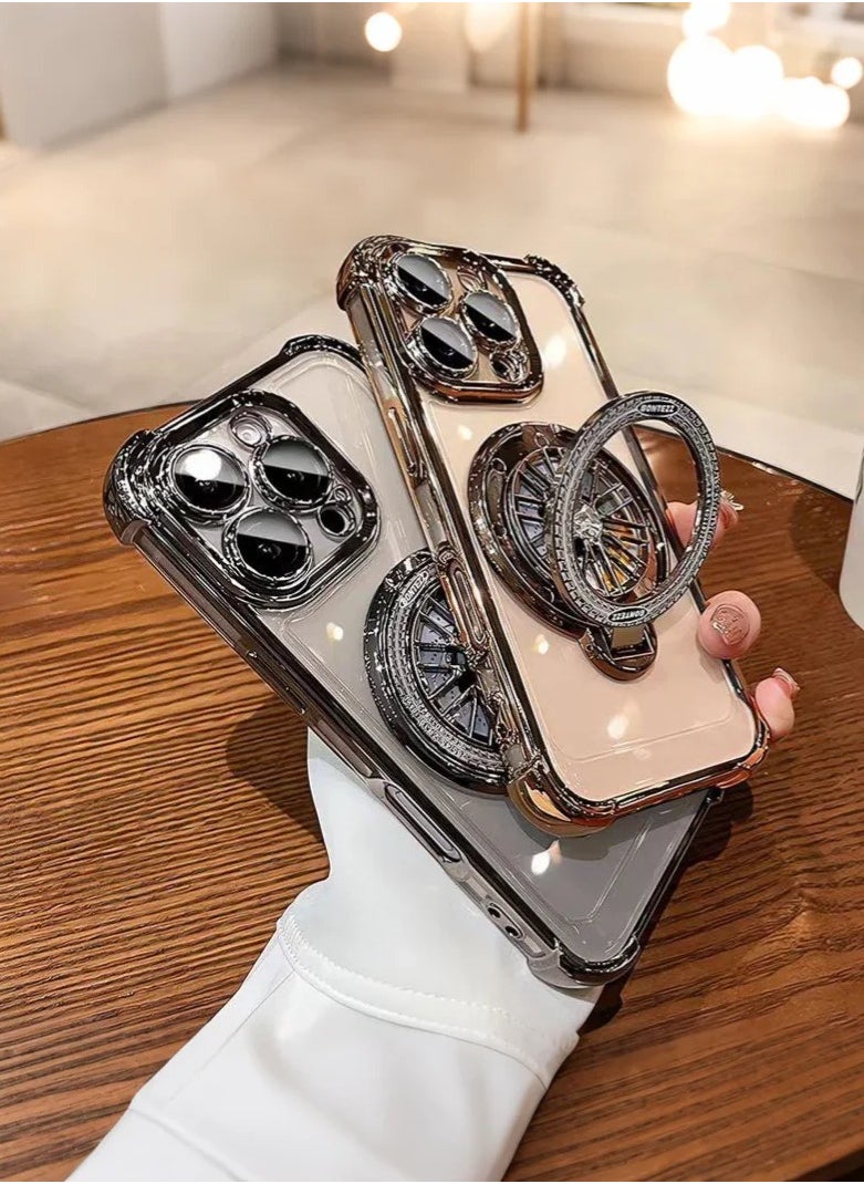 IPhone 16 Pro Max phone cover with rotating phone holder, thickened shock-absorbing edge, wear-resistant and scratch resistant, and camera protection, Gold
