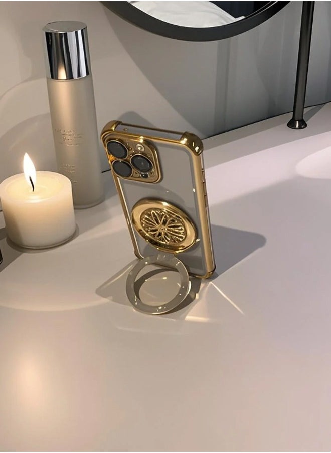 IPhone 16 Pro Max phone cover with rotating phone holder, thickened shock-absorbing edge, wear-resistant and scratch resistant, and camera protection, Gold
