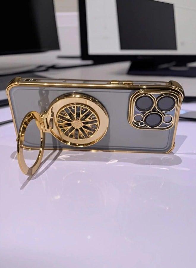 IPhone 16 Pro Max phone cover with rotating phone holder, thickened shock-absorbing edge, wear-resistant and scratch resistant, and camera protection, Gold，16 pro max camera lenses - Image 3