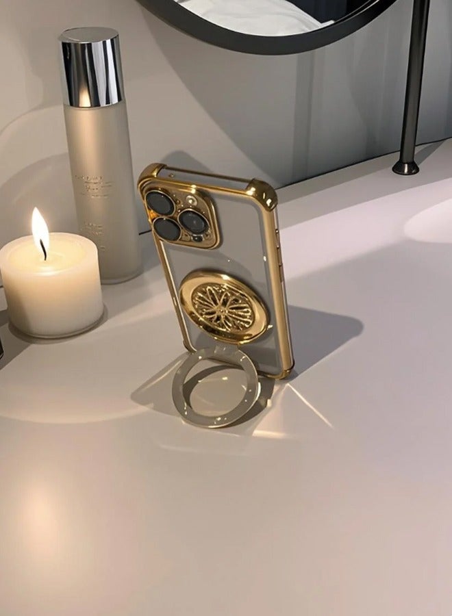 IPhone 16 Pro Max phone cover with rotating phone holder, thickened shock-absorbing edge, wear-resistant and scratch resistant, and camera protection, Gold，16 pro max camera lenses - Image 4