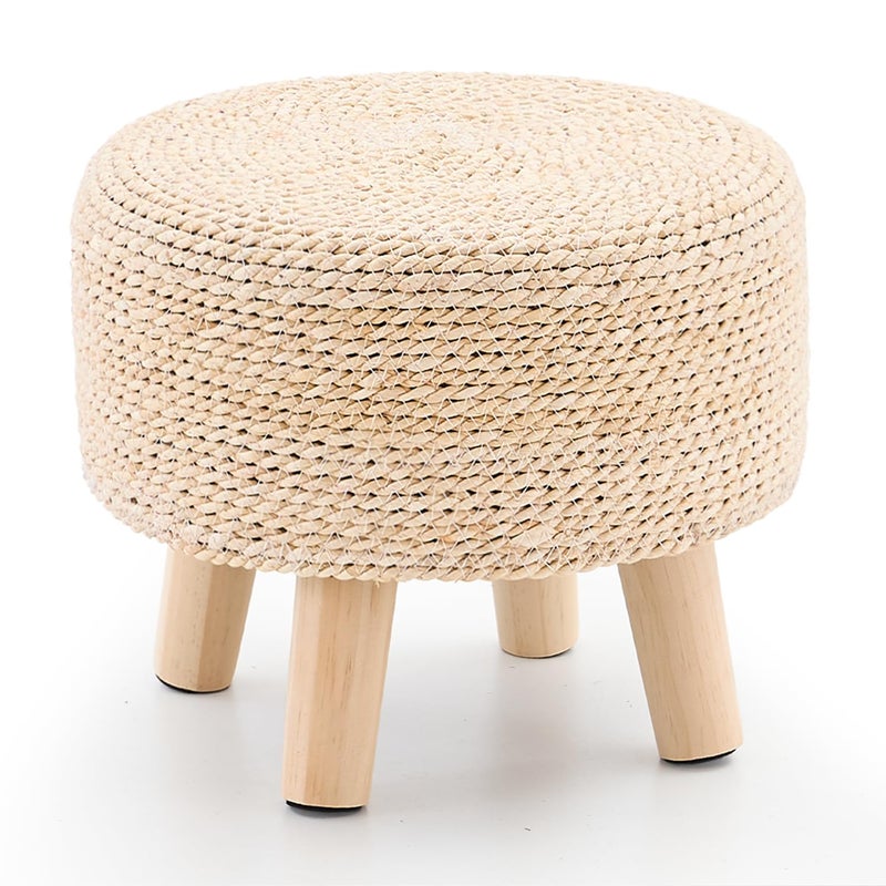 Cpintltr Ottoman Natural Seagrass Footrest Poufs Hand Weave Round Foot Stool for Couch Desk Soft Step Stool Padded Foot Rest with Pine Legs for Living Room Bedroom Natural White