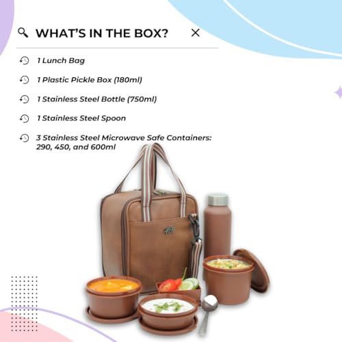 KOI PRO Lunch Box Set with Insulated Bag and Steel Cutlery 3 Microwave Safe Containers (290ml, 450ml, 600ml), Plastic Pickle Box (180ml), and 750ml Steel Water Bottle (Brown) - Image 4