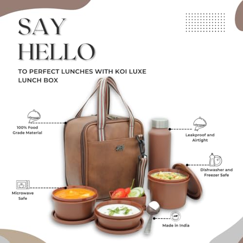 KOI PRO Lunch Box Set with Insulated Bag and Steel Cutlery 3 Microwave Safe Containers (290ml, 450ml, 600ml), Plastic Pickle Box (180ml), and 750ml Steel Water Bottle (Brown) - Image 2