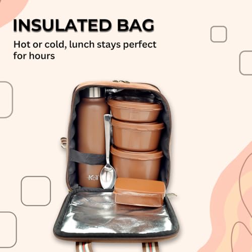 KOI PRO Lunch Box Set with Insulated Bag and Steel Cutlery 3 Microwave Safe Containers (290ml, 450ml, 600ml), Plastic Pickle Box (180ml), and 750ml Steel Water Bottle (Brown) - Image 3