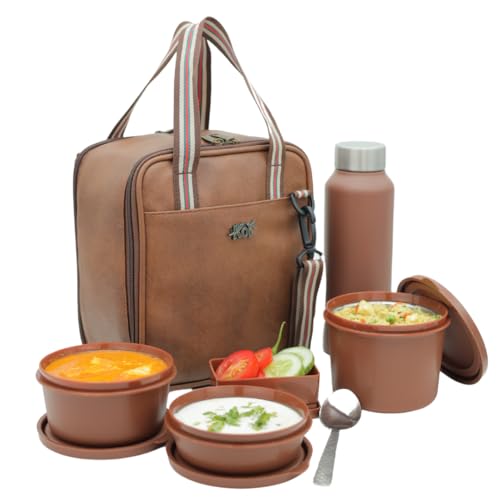 KOI PRO Lunch Box Set with Insulated Bag and Steel Cutlery 3 Microwave Safe Containers (290ml, 450ml, 600ml), Plastic Pickle Box (180ml), and 750ml Steel Water Bottle (Brown) - Image 1