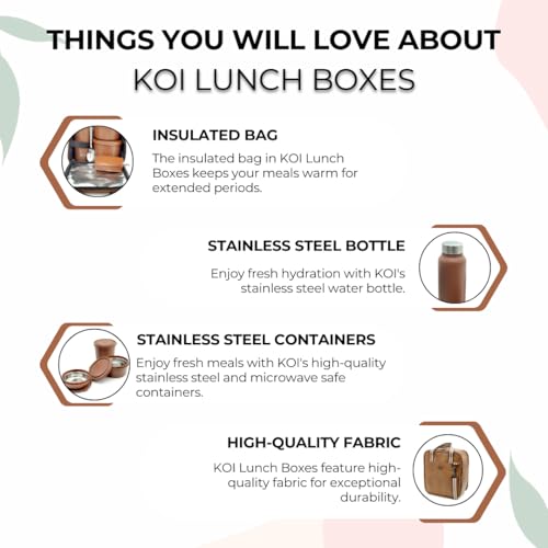 KOI PRO Lunch Box Set with Insulated Bag and Steel Cutlery 3 Microwave Safe Containers (290ml, 450ml, 600ml), Plastic Pickle Box (180ml), and 750ml Steel Water Bottle (Brown) - Image 5