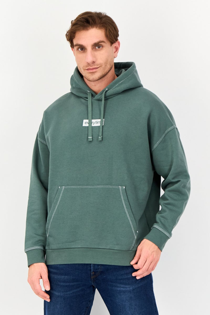 Celio Men Embroidered Long Sleeve Hoodie, Teal Green - Image 1