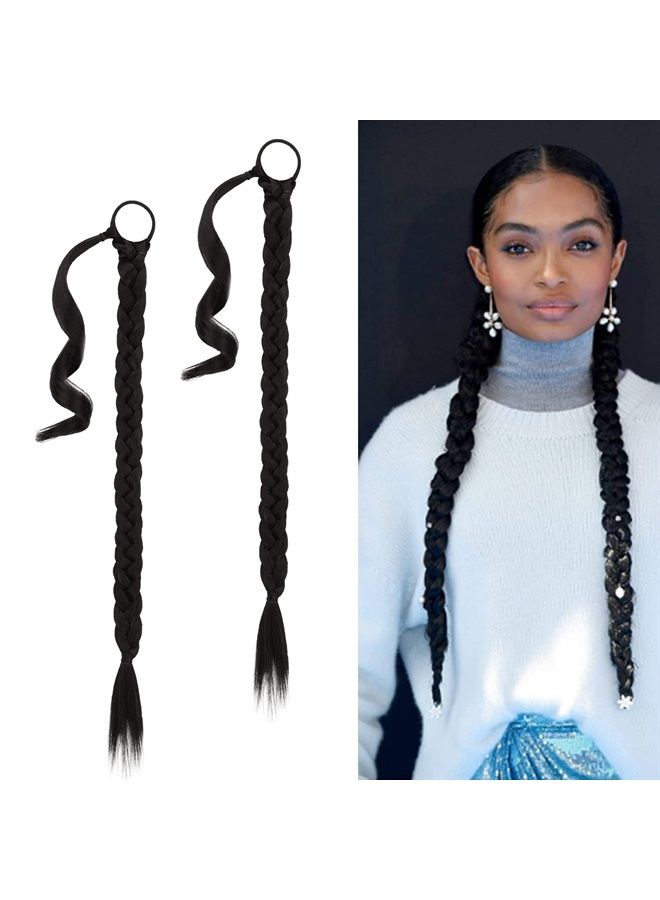 BARSDAR 2PCs 26 Inch Long Braided Ponytail Extension with Hair Tie Straight Wrap Around Hair Extensions Pony Tail DIY Natural Soft Synthetic Hair Piece for Women Girls-Natural Black - Image 1