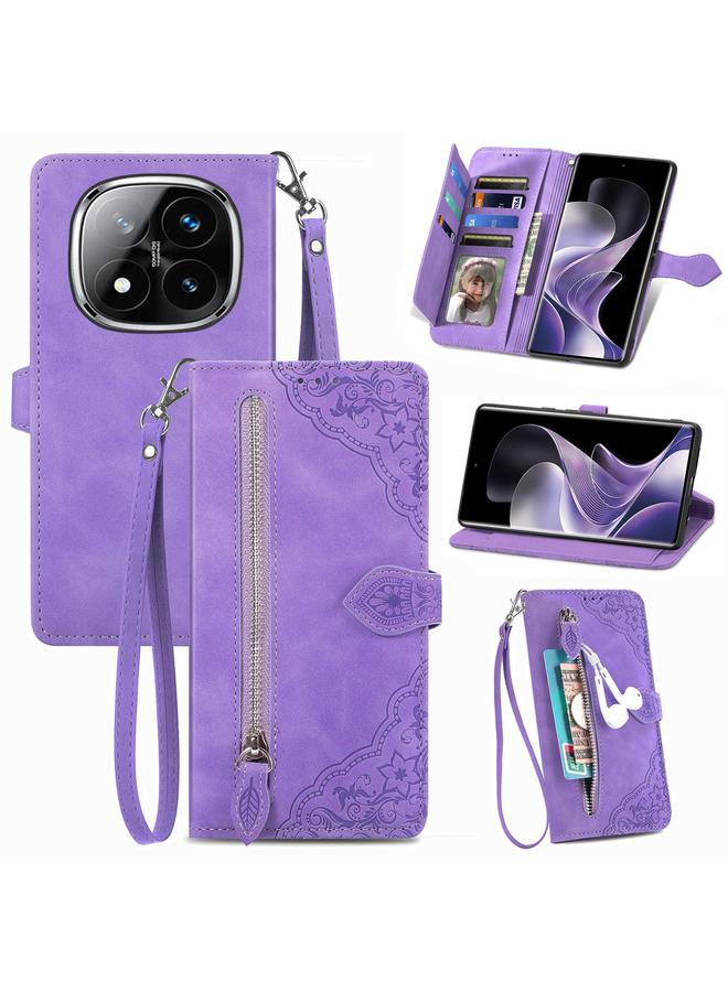 Case For Xiaomi Redmi Note 14 Pro 5G Embossed Flower Zipper Leather Phone Case