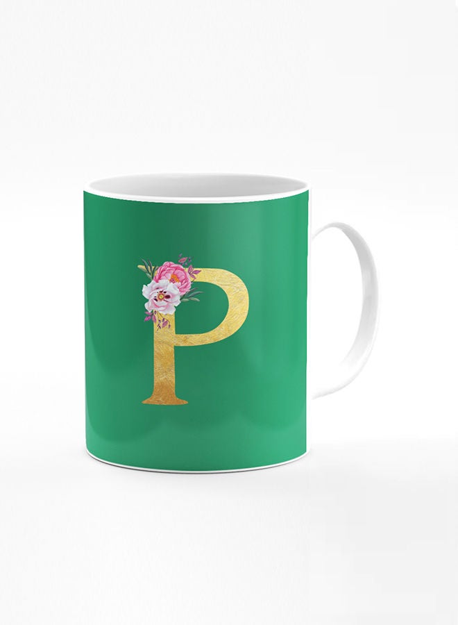 Stylizedd Designer Printed Coffee Mug 11oz Ceramic Personalised Gift Mugs Cup -Custom Monogram Initial Letter Floral Pattern Alphabet - P (Dark Spring Green)  - Image 1