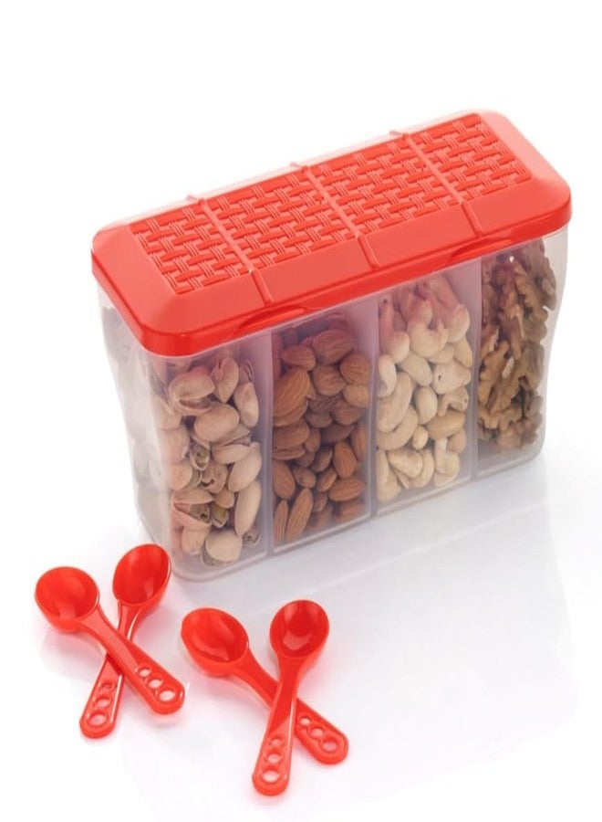 Finner 4 in 1 Multipurpose 4 Section Kitchen, Fridge Storage Airtight Container Set for Vegetables, Dryfruits, Spices, Groceries, and Pickles with 4 Spoons Storage Set 1800 ml- (Red, Pack of 1) - Image 1