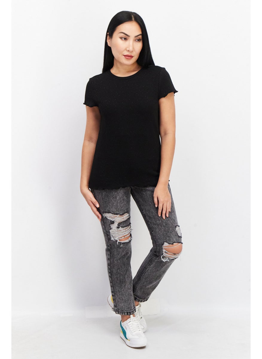 EDC Women Round Neck Short Sleeves Metallic Top, Black  - Image 1