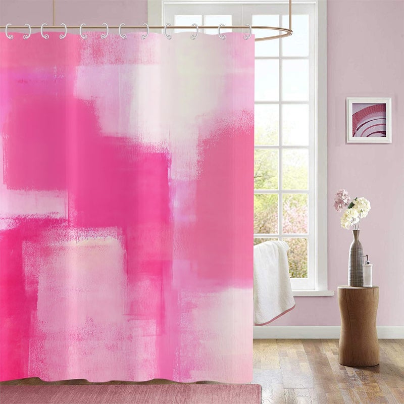 GCIREC Hot Pink Shower Curtain Watercolor Pink Contemporary Brush Strokes Oil Painting Abstract Bathroom Curtain Waterproof Fabric Machine Washable with 12 Hooks