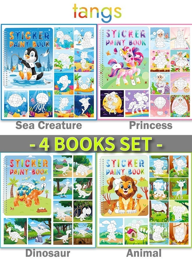 tangs DIY Arts and Crafts Sticker Books for Kids Ages 4-8 – 4 Pack Polygon Mosaic Puzzle with Sea Creature/Animal/Princess/Dinosaur Themes – 10 Scenes + 10 Coloring Pages per Book – Reusable Stickers, Gifts for Kids - Image 1