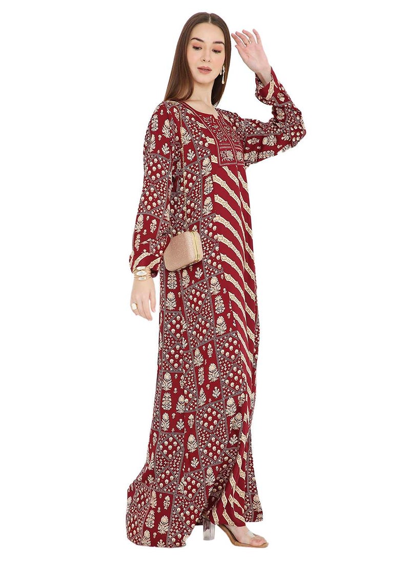 HANA & SARA UNIQUE STYLE PRINTED WITH THREAD EMBROIDERY LONG VISCOSE ARABIC KAFTAN JALABIYA DRESSES  - Image 1