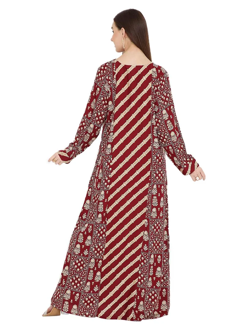 HANA & SARA UNIQUE STYLE PRINTED WITH THREAD EMBROIDERY LONG VISCOSE ARABIC KAFTAN JALABIYA DRESSES