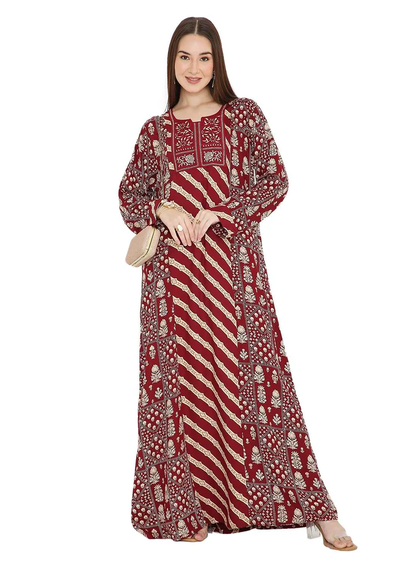HANA & SARA UNIQUE STYLE PRINTED WITH THREAD EMBROIDERY LONG VISCOSE ARABIC KAFTAN JALABIYA DRESSES