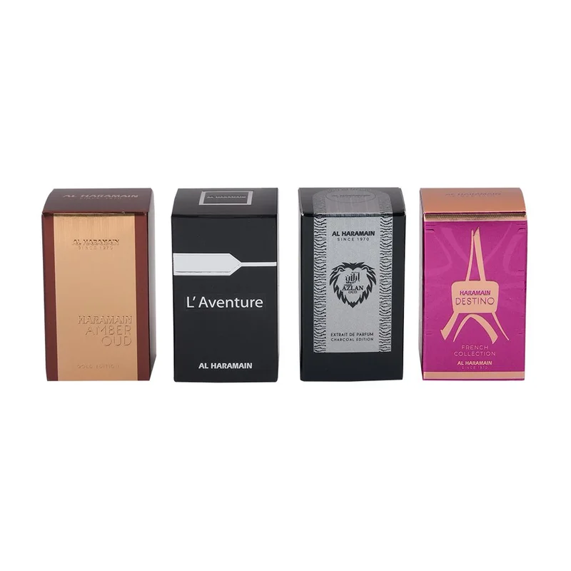 Al Haramain Al Haramain Travel Exclusive Perfume Gift Set 4 x 10ml EDP | Amber Oud Gold, L’Aventure, Azlan Charcoal & Destino French | Unisex Luxury Mini Perfume Collection