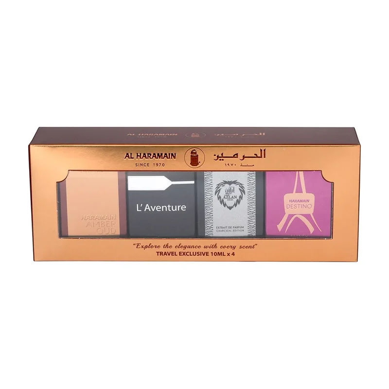Al Haramain Al Haramain Travel Exclusive Perfume Gift Set 4 x 10ml EDP | Amber Oud Gold, L’Aventure, Azlan Charcoal & Destino French | Unisex Luxury Mini Perfume Collection