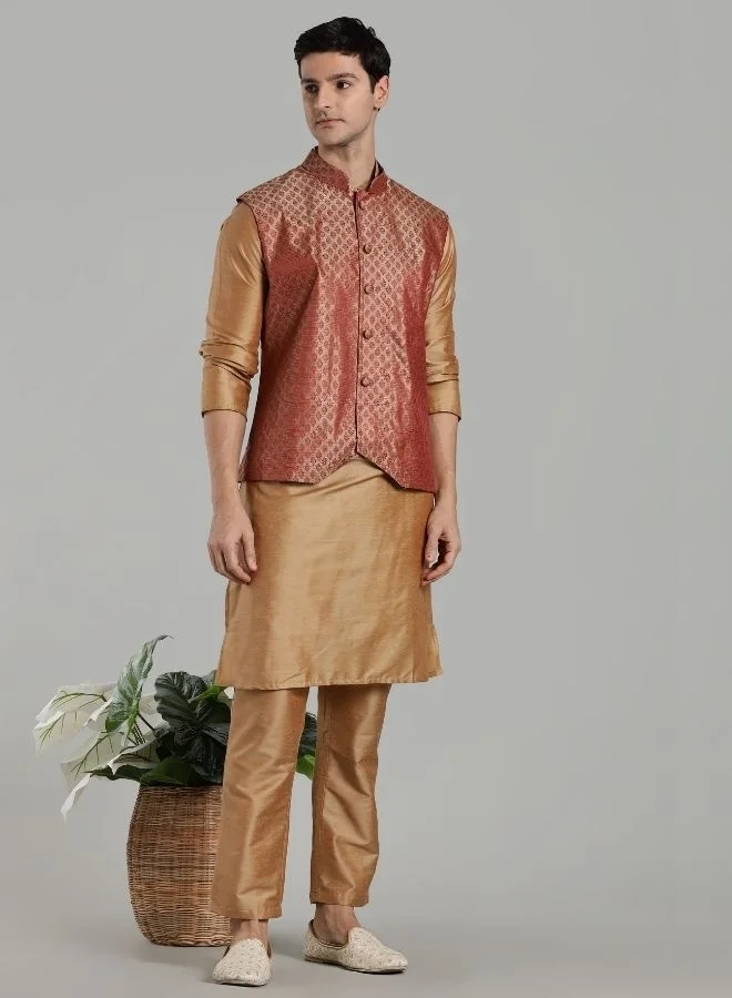 Abhishti Beige Kurta Pant with Red Woven Design Bandi Set